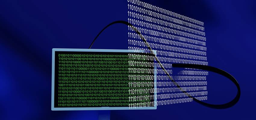 Abstract computer code with overlayed security graphics, representing code obfuscation and cybersecurity