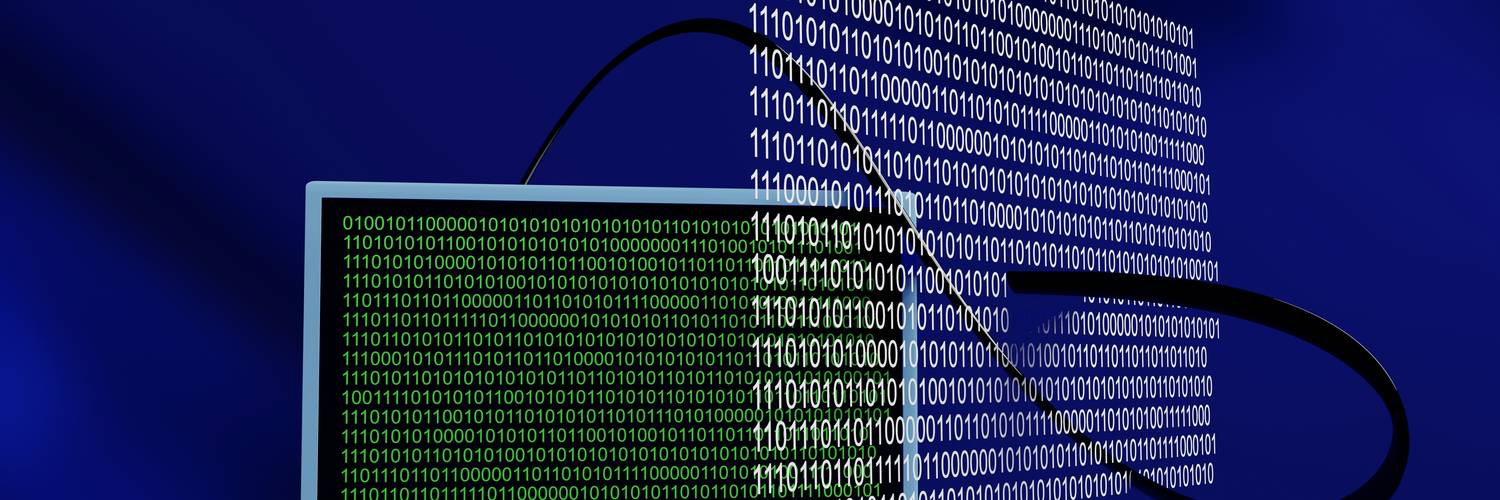 Abstract image of a developer at a computer with digital code overlays, evoking cyber security and encoding risk prevention